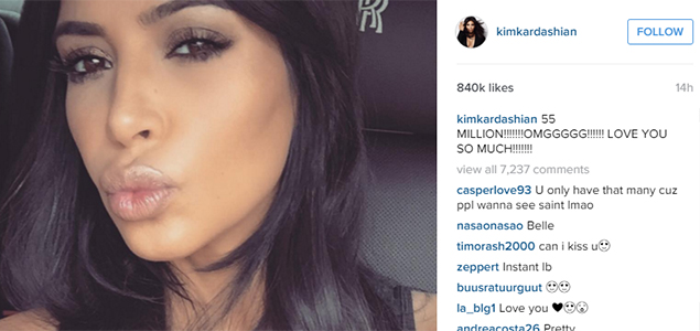 Kim Kardashian scores 55 million Instagram followers