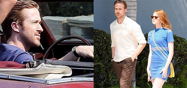 Ryan Gosling spotted in red sports car, Emma Stone in different outfits on La La Land sets