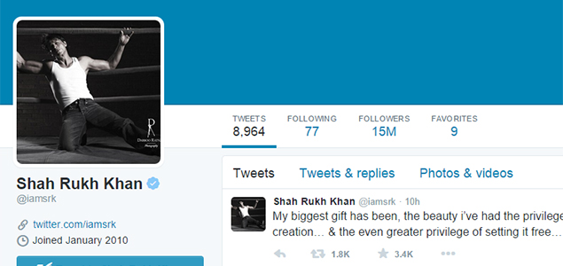 SRK thanks all for 15 mn followers on Twitter